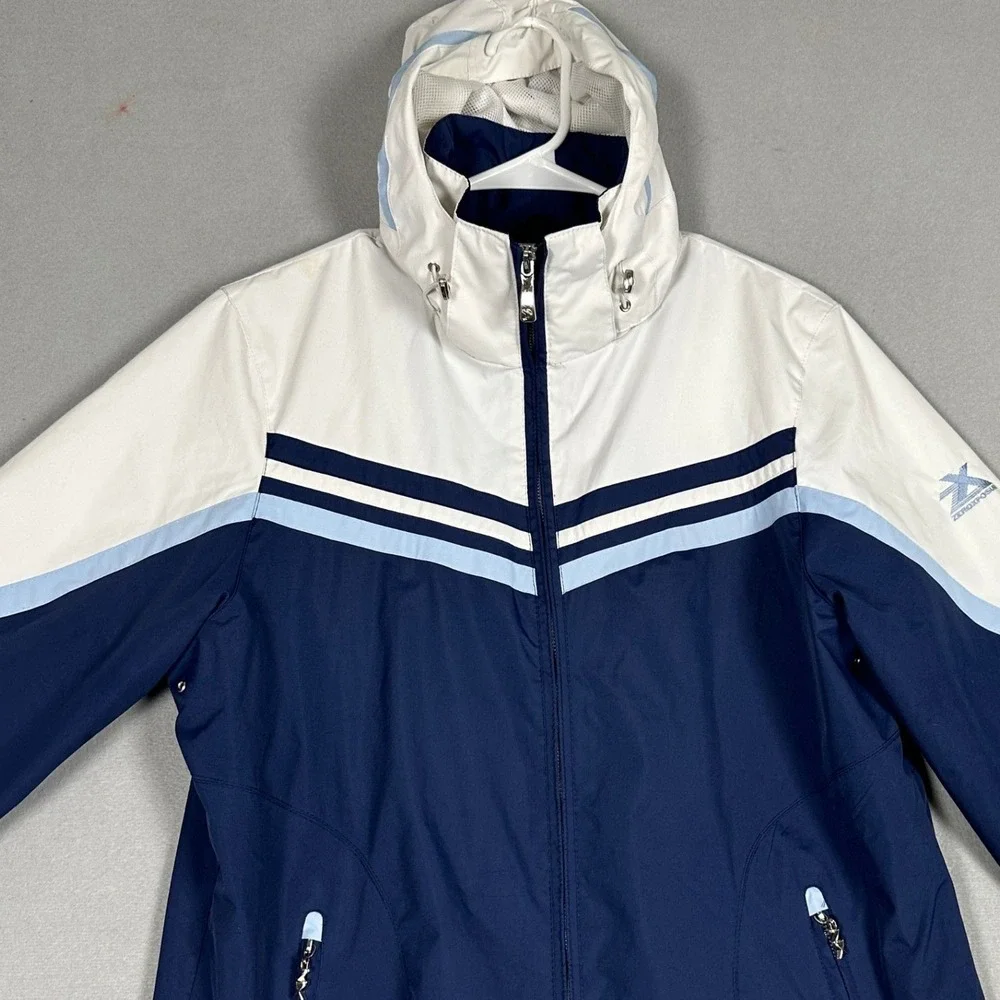 ZeroXposur Windbreaker Mens Medium Navy White Striped Hooded Mesh Lined EUC